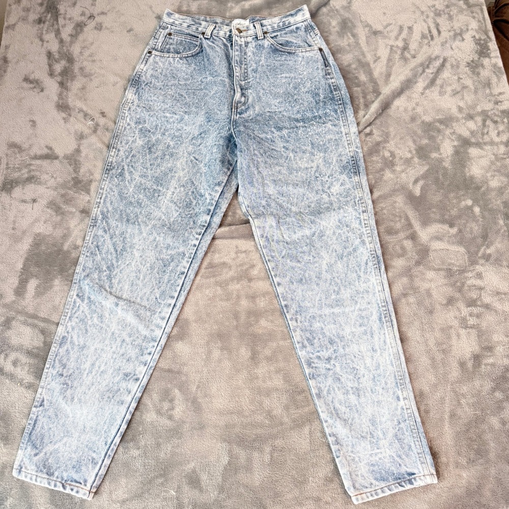 Vintage Chic High Waisted Mom Jeans Tall 14 Acid Wash Light Blue Made in USA